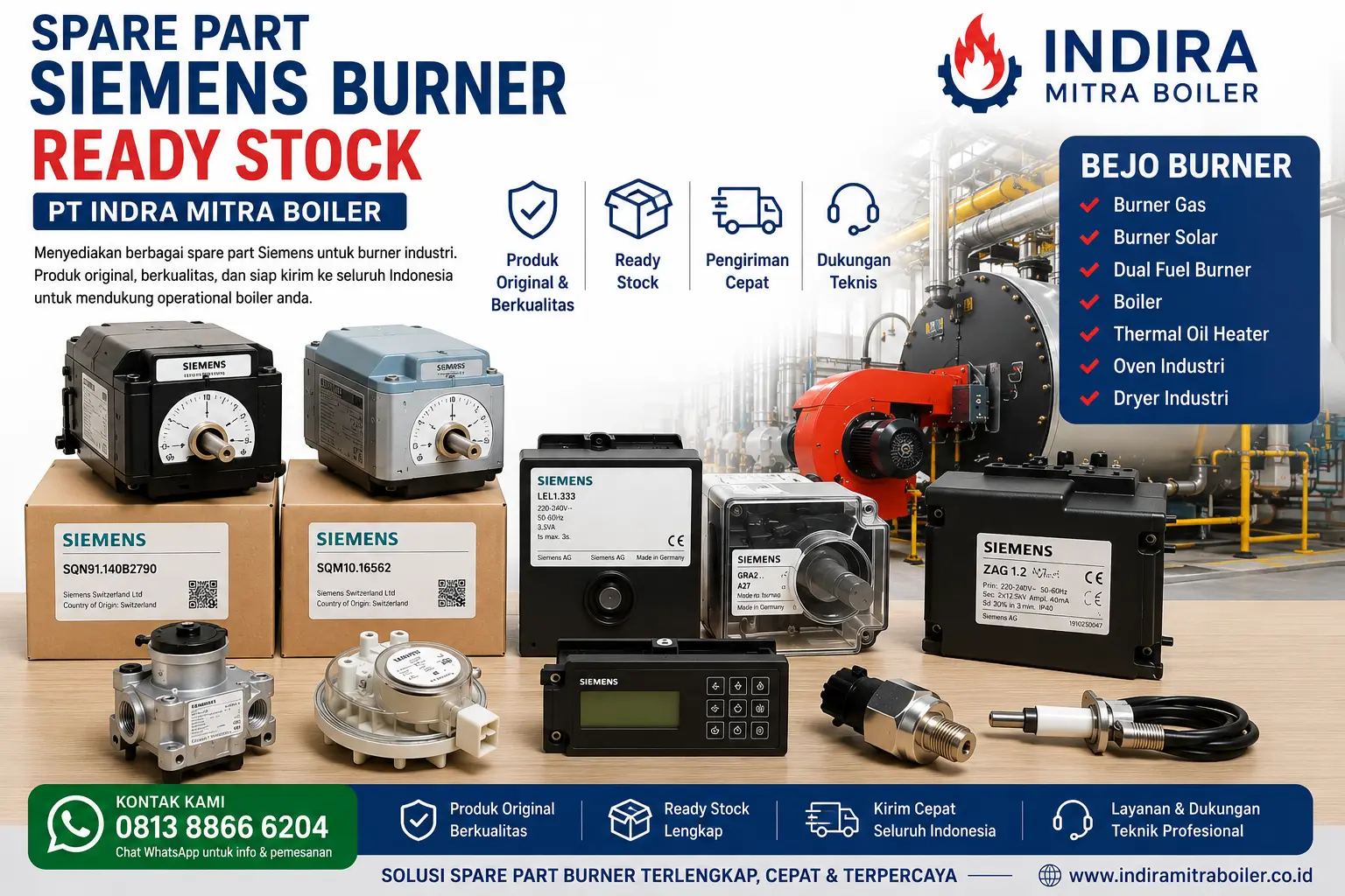 Servo Siemens SQM dan SQN untuk kontrol damper udara dan valve bahan bakar pada burner industri dengan akurasi tinggi.