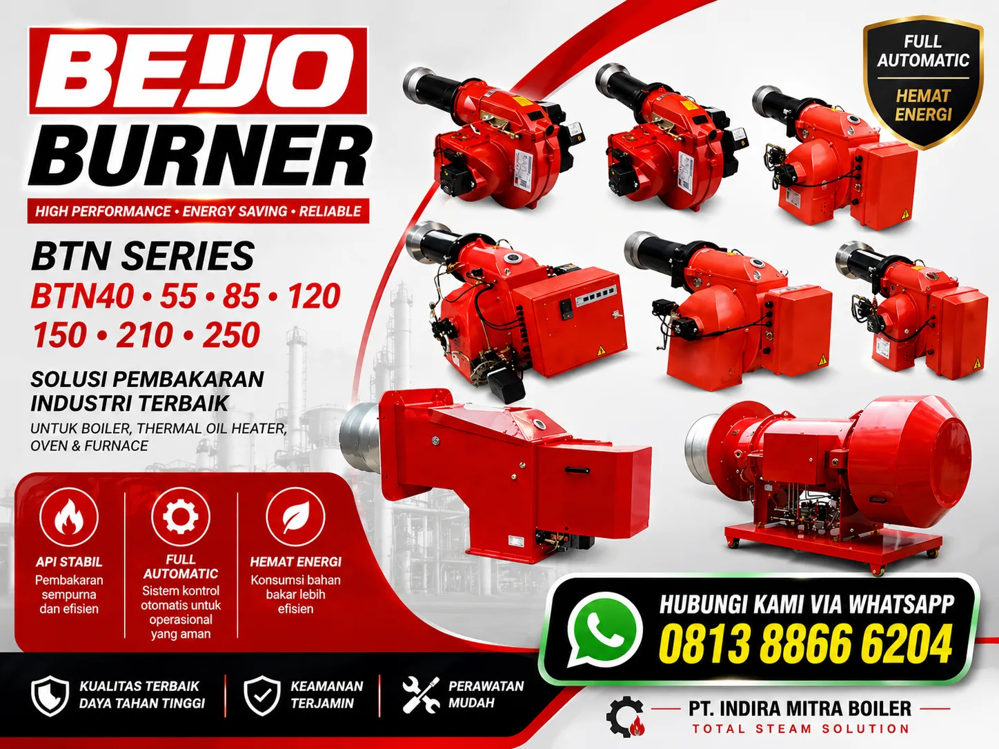 BTN 40 55 85 120 150 210 250 BEJO Burner industrial gas burner hemat energi untuk boiler thermal oil heater oven dryer furnace dan rotary dryer