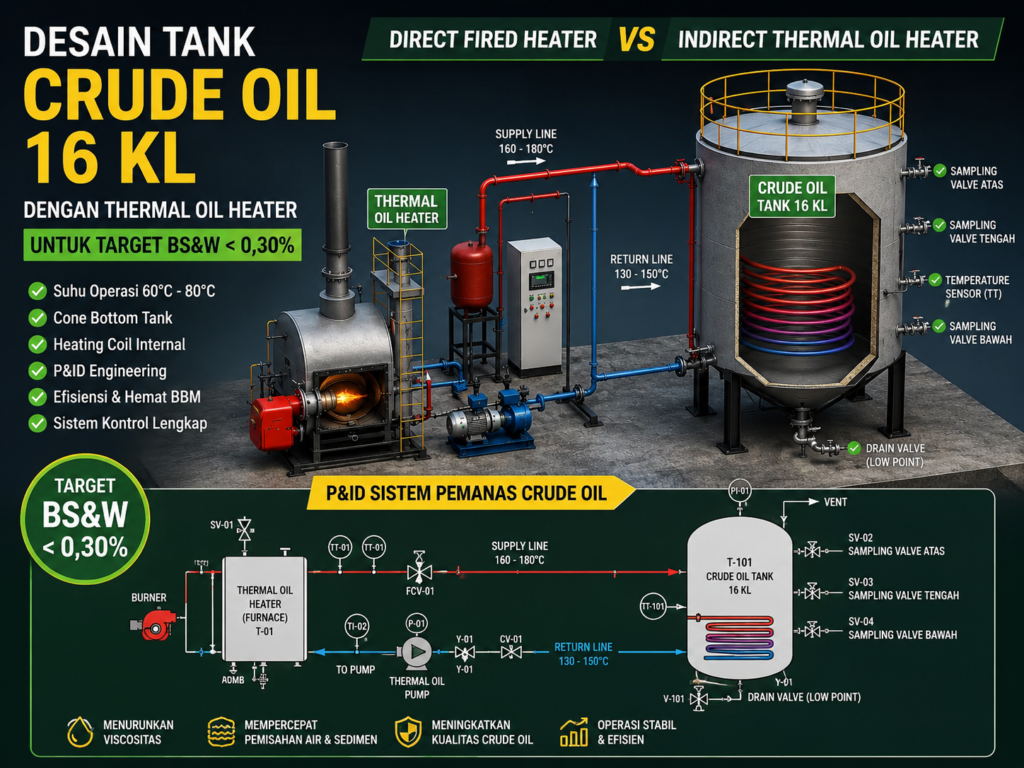 Perbandingan sistem pemanas Crude Oil Tank 16 KL menggunakan Direct Fired Heater dan Indirect Thermal Oil Heater untuk meningkatkan kualitas minyak dan menurunkan BS&W.