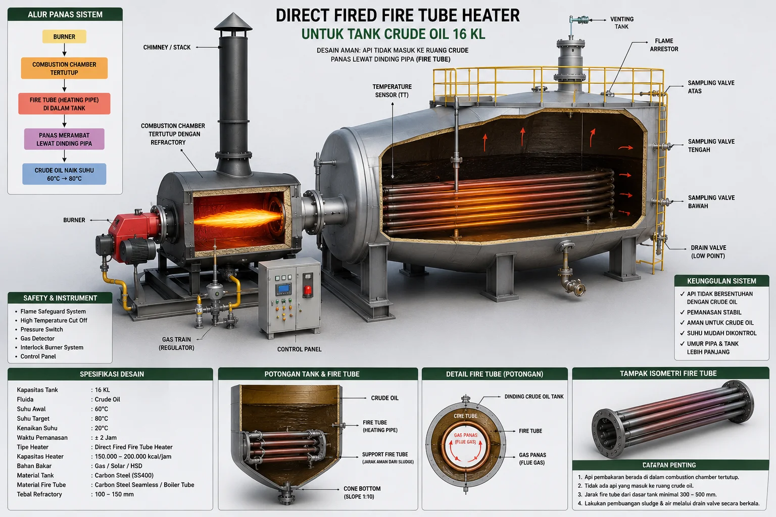 Direct Fired Fire Tube Heater Crude Oil Tank 16 KL Direct Fired Fire Tube Heater untuk Tank Crude Oil 16 KL dengan burner industri, fire tube heater, combustion chamber, chimney stack, flame arrestor dan sistem kontrol temperatur