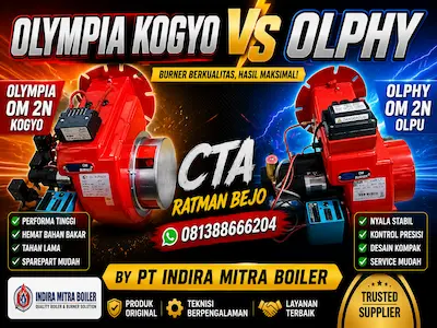 Gas Burner GOM 1N Olympia Kogyo Japan vs Olphy Korea comparison for industrial boiler, thermal oil heater, oven dryer, furnace, and industrial heating applications by PT Indira Mitra Boiler