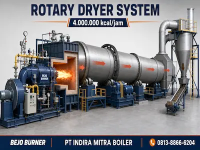 Jet Burner Eclipse ThermJet TJ2000 untuk Rotary Dryer MPK kapasitas 4.000.000 kcal/jam dengan kontrol VFD dan modulating damper.
