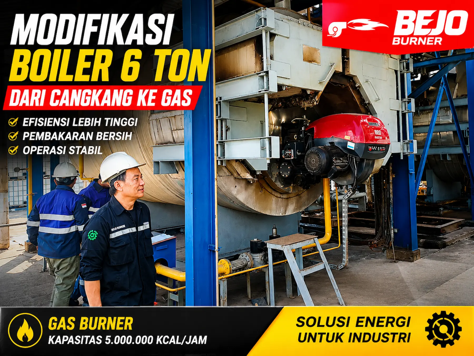 Upgrade Boiler Menjadi Sistem Pembakaran Gas yang Lebih Bersih dan Efisien Upgrade boiler menjadi sistem pembakaran gas menggunakan burner industri untuk meningkatkan efisiensi energi, mengurangi emisi, dan menekan biaya operasional.