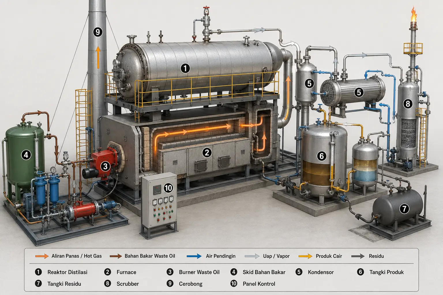Reaktor Refinery Oli Bekas 56 Ton dengan Burner Waste Oil dan Sistem Distilasi