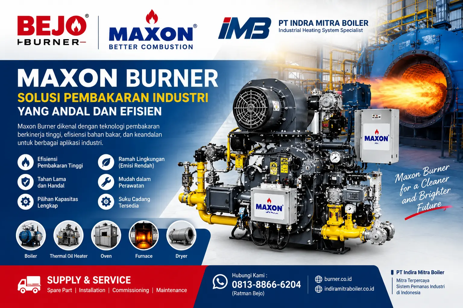 MAXON Burner Indonesia - BEJO Burner PT Indira Mitra Boiler MAXON industrial burner untuk sistem pembakaran industri oleh BEJO Burner dan PT Indira Mitra Boiler Indonesia