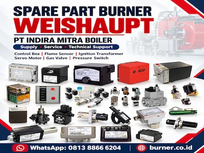 Spare part burner Weishaupt berupa control box, flame sensor, servo motor, dan gas valve dari PT Indira Mitra Boiler.