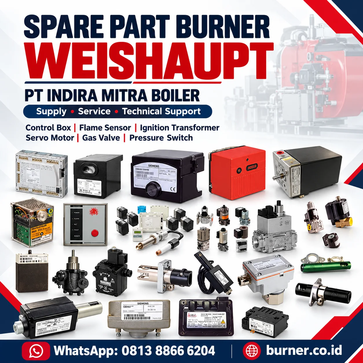 Spare part burner Weishaupt berupa control box, flame sensor, servo motor, dan gas valve dari PT Indira Mitra Boiler.